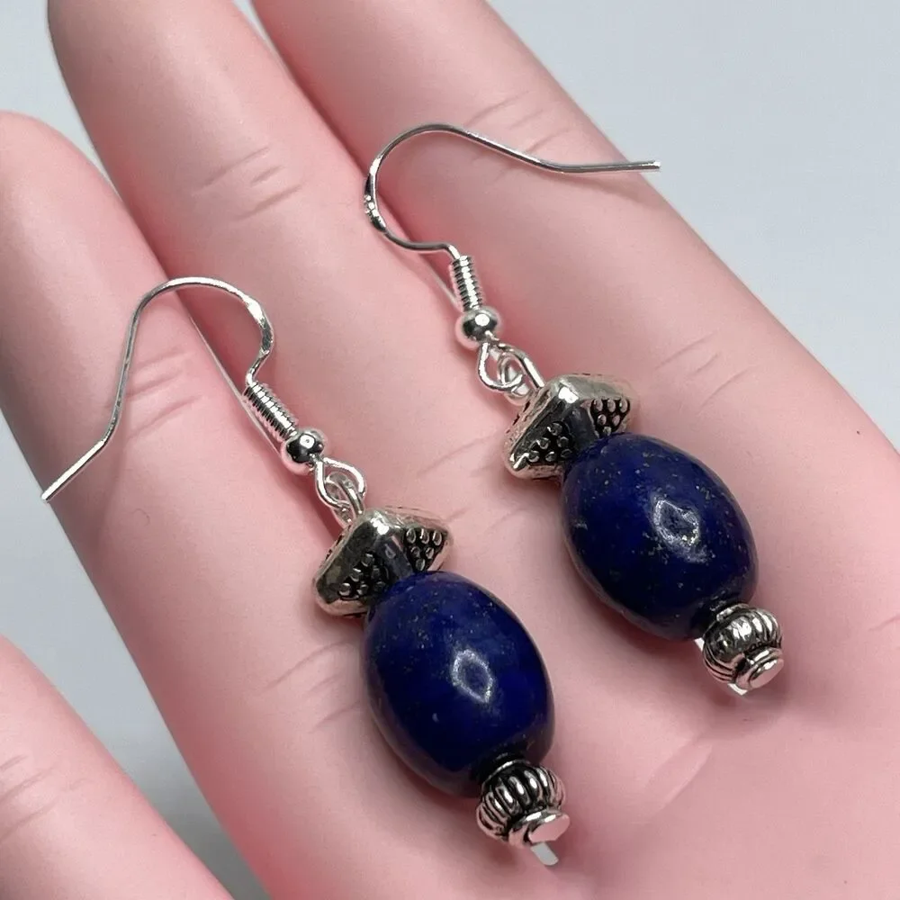Artisan Silver Blue Lapis Lazuli Stone Beaded Dangle Earrings Boho Cute